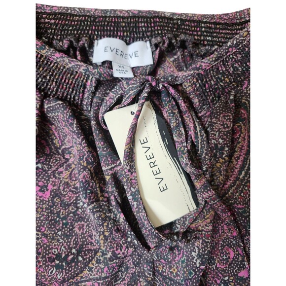 Evereve Blouse Womens XS Artsy Boho Corpcore Green Pink Kyra Paisley Smocked - Picture 6 of 8